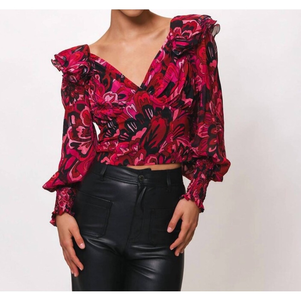 Hutch‎ Teny blouse cabernet retro floral smocked sheer colorful cocktail sz L